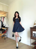 Sweet Babes Doll Collar Lattice Dress Women Summer College Style Design Princess Dress Bubble Sleeves Waist Skirt