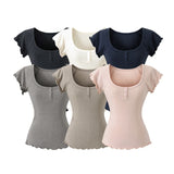 Korean Niche Design Sense U-Neck Short-Sleeved T-Shirt Women 2026 Summer New Button Lace Slime Top Tide