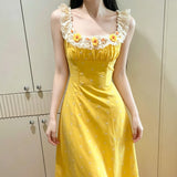 Summer Beautiful Yellow Dress Women French Country Idyllic Little Skirt Holiday Sweet Dress Sleeveless