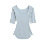 Pure Sexy Slimy Big U-Neck Basic T-Shirt Girl Summer New Body Sleeve Bottom Shirt Top