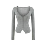 Lyselle V-Neck Button Long-Sleeved T-Shirt Girl Summer Slimming Pure Sexny Chest Bottom Top