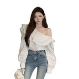 Lotus Leaf Side-Shoulder Shirt Women's Clothing 2025 Spring And Autumn New Long-Sleeved French Temperament Short Top Elegant