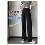 Ice Silk Broad Leg Pants Women Summer Thin High Waist Hanging Straight Small Small Print Drag Floor Suit Pants