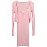 Spring And Summer New Pure Want To Show The Figure Button-Buttoned Sling Dress + Cardigan Long Sleeve Slim Two Sets Ins