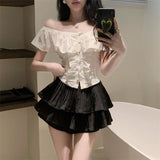One-Word Shoulder Lotus Leaf Side French Shirt 2026 Short-Sleeved New Women's Summer Pure Sweet Hot Girl Small Top Chic