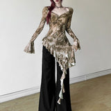 Net Yarn Dyed Lotus Leaf Side Collar Long-Sleeved T-Shirt Girl Blouse Spring Autumn Hot Girl Body Irregular