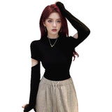Half-High Collar Hollow Hottie Long-Sleeved T-Shirt Girl Spring And Autumn Pure Simple Shirt Inside The Bottom Shirt