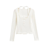 Pure Hot Girl Lace Hanging Neck Two Long-Sleeved T-Shirts In Autumn To Repair Slim Bottom Shirt