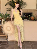 Pure Hottie Seaside Photo Dress Yellow Lace Hanging Neck Before The Back Of The Long Dress Ambience Island Skirt