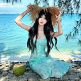 French Light Green Printed Mesh Sling Dress Women's Summer Seaside Vacation Pure Sexy Fishtail Ass And Hips