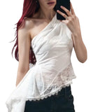 Lace Pure Desire To Collar Bare Shoulder Sleeveless Vest Women Summer Slim Thin Tops Irregular Hottie