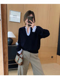 2025 Early Autumn New Korean Version Of The Fake Two-Colored Knitted Shirt Casual Temperament Commuting Long-Sleeved Sweater
