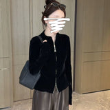 Fashion Double Zipper Long-Sleeved Velvet Coat Women's Autumn Thin Ocean Gas Thin Casual Top 2026 New