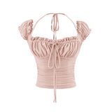 Atmosphere Sense Collar Temperament Hanging Neck Sling T-Shirt Girl Summer Folding Waist Design Sense Of The Word Shoulder Pure Desire Top