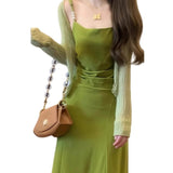 French Green Sling Dress Women's Summer 2025 New Seaside Holiday Style Temperament Wears Doamba Long Dress