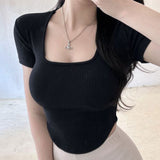 Fang Collar Thread Cotton Arc Roll Back-Sling Shirt South Korea's New Tight-Knit Long Sleeve Top Woman's Body In Spring And Summer