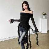 2025 Sweet Spicy Sister Wind Lotus Leaf Side Splicing A Word Shoulder Long-Sleeved T-Shirt Girl Slimmed Hottie Autumn Dress