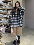 Vintage Languid Wind Bumpy Long-Sleeved Plaid Shirt Coat Women's Autumn Loose Casual Small Hooded Top