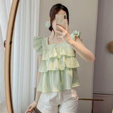 Mint Green Lotus Side Small Flying Sleeve Chiffon Top Women's Summer Age Reduction Texture Fluffy Short-Sleeved Shirt Sunscreen