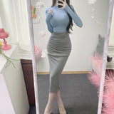Korean Temperament Gray Folded Skirt Open Skirt In The Long Skirt Of The Long Skirt Set Thin Cover Autumn New Bag Hips