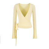 Ballet Style Bottom Hanging Neck Sling + Long Sleeve With Open Shirt + Lateral Waist Hanging Micro-Horn Pants Three-Piece Set Of Women