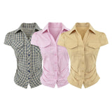 Korean Retro Polo Collar Throum Thin Plaid Shirt Short Temperament Casual Chic Hot Girl Dress Woman