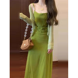 French Green Sling Dress Women's Summer 2025 New Seaside Holiday Style Temperament Wears Doamba Long Dress