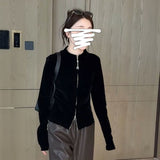 Fashion Double Zipper Long-Sleeved Velvet Coat Women's Autumn Thin Ocean Gas Thin Casual Top 2026 New