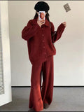 Pregnant Women Collar Knitted Two Sets Of 2025 Autumn And Winter 2025 New Thick Loose Lazy Sweater Open Shirt Wide Leg Trousers Set