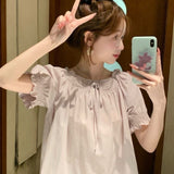 Bubble Sleeves Age-Reduced Lace Side Short-Sleeved Shirt Women Summer Lace With Loose Blouse Bubble Sleeve Top