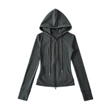 Korean Small Man Standing Thin Hooded Zipper Coat + Loose Feeling Loose Draw Rope Broad Leg Trousers Two Sets Of Women
