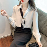 High Sense Of The New Chiffon Shirt Fashion Professional Collared Collared Women V Collar Long-Sleeved Shirt Spring