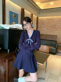 Korean College Style Suit Women's Wooden Ears Spliced Knitted Open Shirt Autumn And Winter 100-Fold Skirt Skirt Two Sets