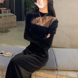 Black Velvet Dress Women Autumn 2025 New French Lace Splicing High-End Banquet Small Dress Dress