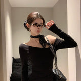 Slanted Shoulder Long Sleeve Bottom Shirt Women Open Shoulder To Shoulder Thin Tops 2025 New Autumn Shoulder Gas Repair Inside