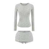 Pure-Style Sexy Hottie Set Spring Warehouse Round Collar Buckle Long-Sleeved T-Shirt Low-Waisted Hip Shorts Skirt Girl