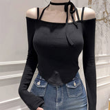 Two-´© Design-Sensitive Slings With T-Shirt Inclined Hem Irregular T-Shirt Tighten Thin Long Sleeve Collar