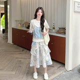 Blue Small Fresh Fake Two Short-Sleeved Shirt Dress Women 2026 Summer Cut-Down Flower Half Skirt Two Sets