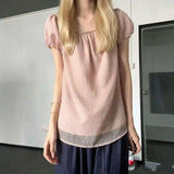Fake Two Round Collar Wave Dot Short-Sleeved T-Shirt Women's Summer Sweet Cute Blouse Loose Bubble Sleeve