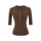 Basic Henry Single Buckle T-Shirt Girl In Early Autumn Casual Skinny Hottie Bottom Top