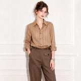 Rejuveto Money Wind Collar Striped Hollow Long-Sleeved Shirt 2026 Early Autumn New Unique Beautiful Temperament Thin Top