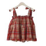 Summer New Retro Sweet Age-Bearing Lattice Bow Tie With Loose Doll Sling Shirt Vest Top Woman