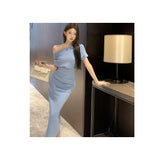 French Oblique Shoulder Dress Sexy Long Temperament Waist And Shoulder Folding Bag Hips Open Forked Senior Sense Skirt