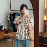 Apricot Folded Short-Sleeved Shirt 2025 Summer Loose Love Heartbreak Flower Blouse Bubble Sleeve Blouse Blouse Blouse Blouse Blouse