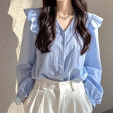 This Year's Popular Beautiful Shirt Light Luxury French Small Niche Beautiful Blue Long-Sleeved Shirt Women's Early Autumn Elegant