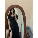 French Tie With Irregular Square Collar Dress Spring 2025 New Waist Repair Body Open Fork A Long Dress Women's Dress