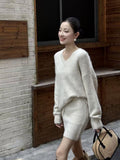 Large-Size Gray Knitted Set Of Women's Autumn And Winter New Korean Version Of Loose V-Neck Sweater High-Waisted Half Skirt Two-Set