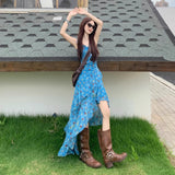 Holiday Style Retro Floral Sling Dress Women's Summer Design Irregular Dress To Collect Waist Thin A Skirt