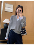 2025 Early Autumn New Korean Version Of The Fake Two-Colored Knitted Shirt Casual Temperament Commuting Long-Sleeved Sweater