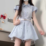 Korean Wearing Summer 2025 New Small Blue Striped Shirt Dress Femininity Waist Skirt
